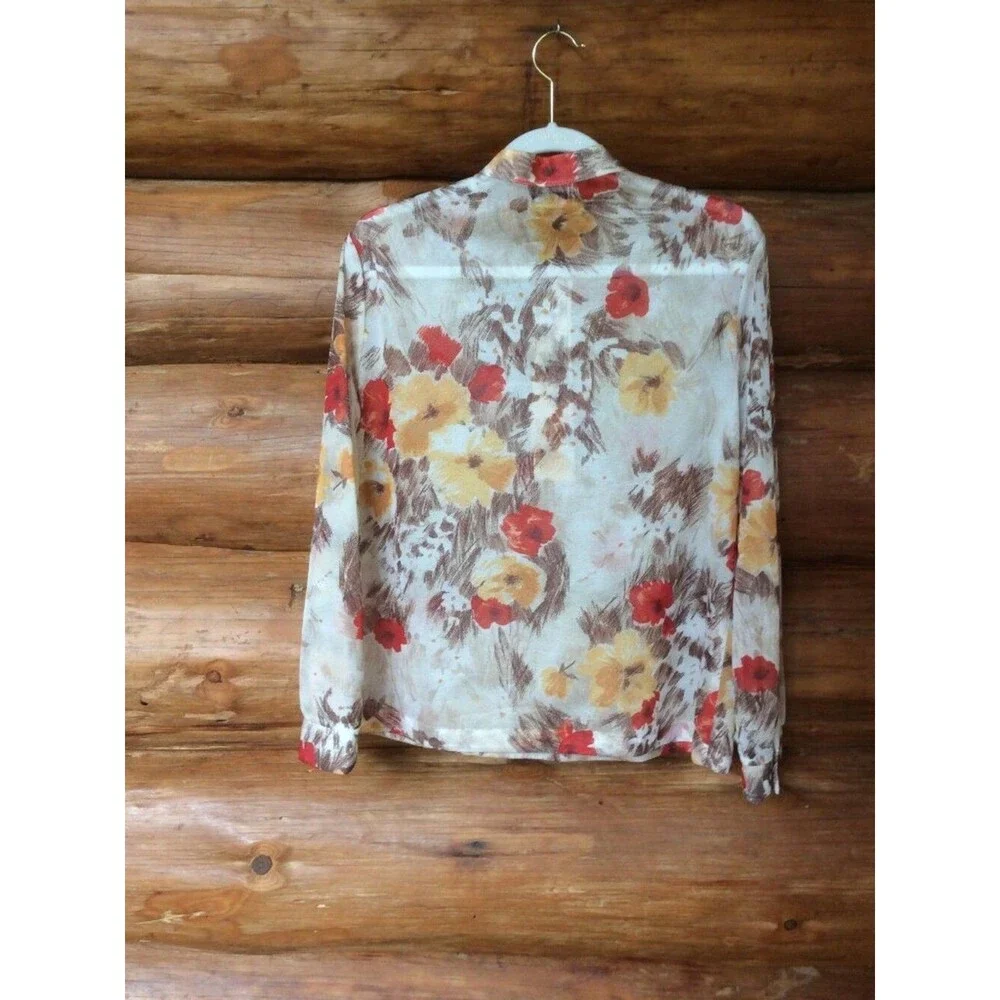 Vintage Floral Semi Sheer rrrruss Autumn ILGWU 80s Grandmacore Top Size Medium* - Picture 2 of 5